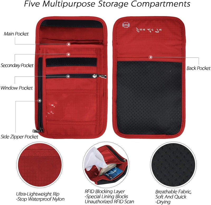 OMYSTYLE Neck Wallet, RFID Passport Holder for Travel, Adjustable Neck Strap, Waterproof Neck Pouch for Men & Women to Keep Cash, Credit Cards and Documents Safe, Red (8x6) - Image 3